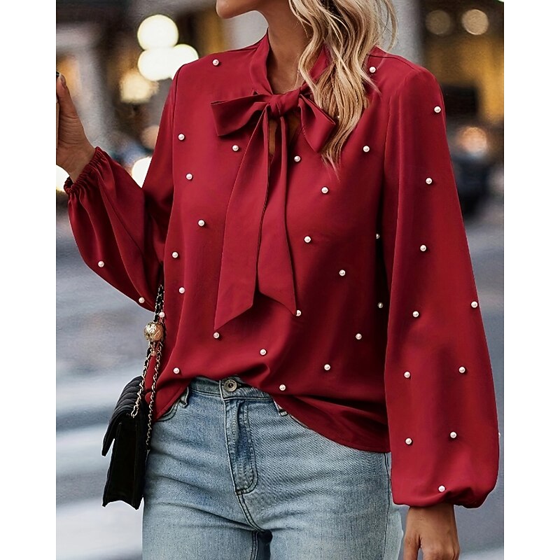 Women's Shirt Blouse Plain Stylish Long Sleeve Crew Neck Regular Tops Daily Holiday Going out Bow Red Spring Fall3