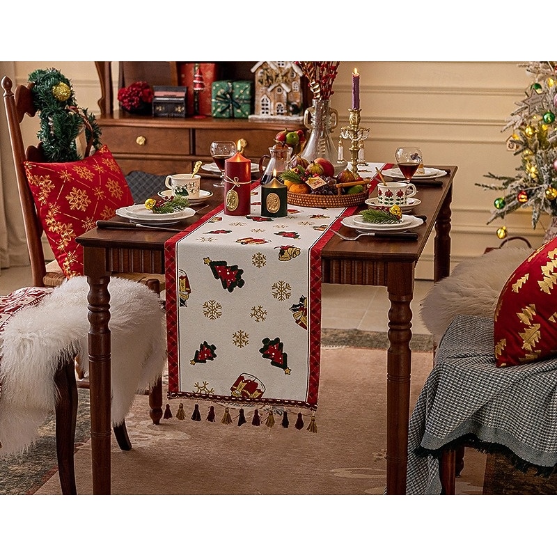 Christmas Table Runner, Holiday Chenille Jacquard Woven Table Decoration with Pendant, Festive Xmas Dining Table Decor