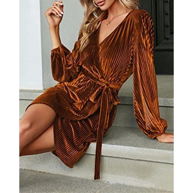 Women's Mini Dress Velvet Dress Party Dress Cocktail Dress Elegant Modern Party Evening Party Holiday Regular Fit Plain Long Sleeve V Neck Wine Dark Green Brown Fall Winter2