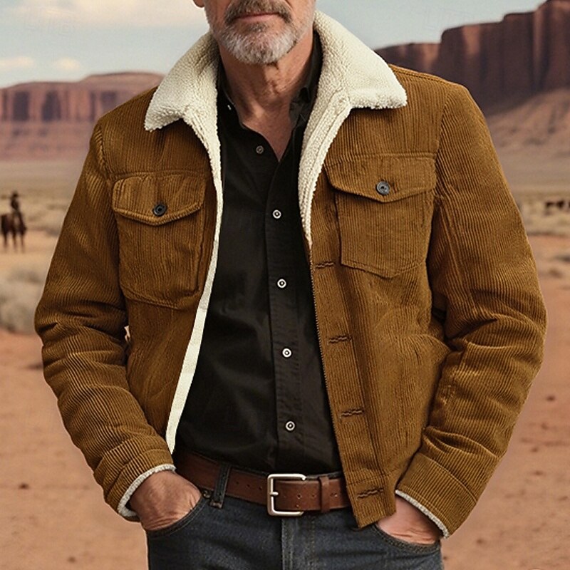 Men's Winter Jacket Corduroy Jacket Fleece Jacket Cargo Jacket Vacation Daily Thermal Warm Pocket Fleece Winter Plain Fashion Streetwear Lapel Regular Black Brown Coffee Jacket