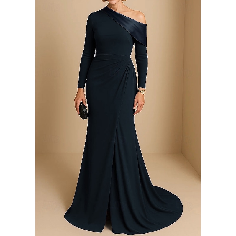 Black Tie Sheath / Column Mermaid Evening Gown Elegant Dress Formal Wedding Sweep / Brush Train Long Sleeve One Shoulder Satin with Ruched and Slit 2025