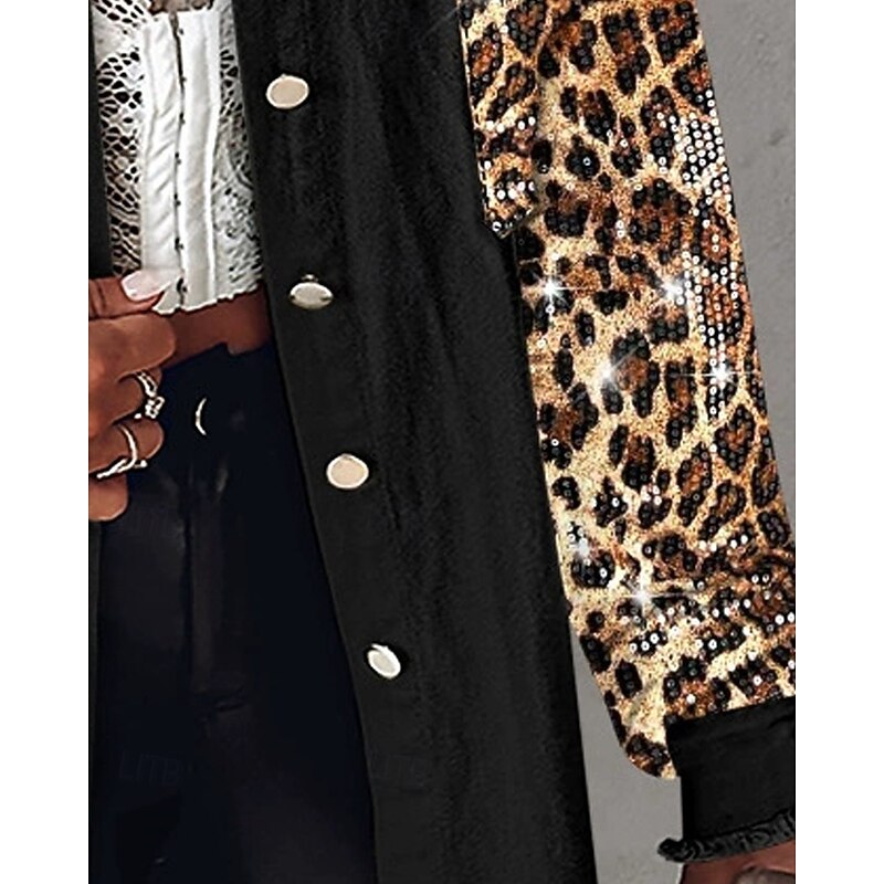 Women's Casual Jacket Comfortable Breathable Pocket Color Block Buttons Casual Leopard Vacation Street Casual Daily Wear Single Breasted Regular Turndown Loose Fit Long Sleeve Outerwear Black Spring3