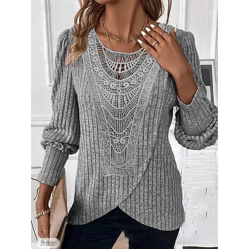 Women's Blouse Solid Color Elegant Stylish Basic Long Sleeve Crew Neck Regular Tops Daily Lace Patchwork Blue Purple Green Spring Fall Winter
