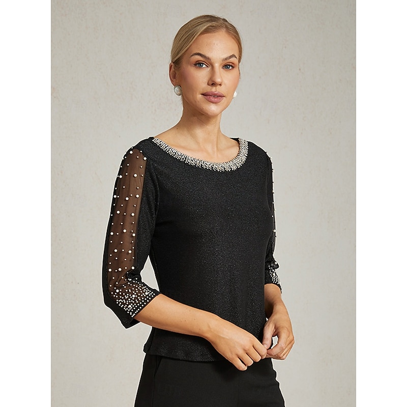Women's Dressy Tops Elegant Daily Ladies 3/4 Length Sleeve Crew Neck Regular Tops Wedding Guest Party Evening Wear Semi Formal Beaded Metallic Illusion Black Spring Fall Winter