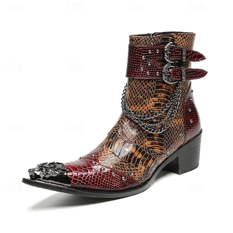 Men's Genuine Cowhide Leather Snakeskin Pattern Ankle Boots with Dual Buckles – Rock Punk Style Casual and Party Footwear2