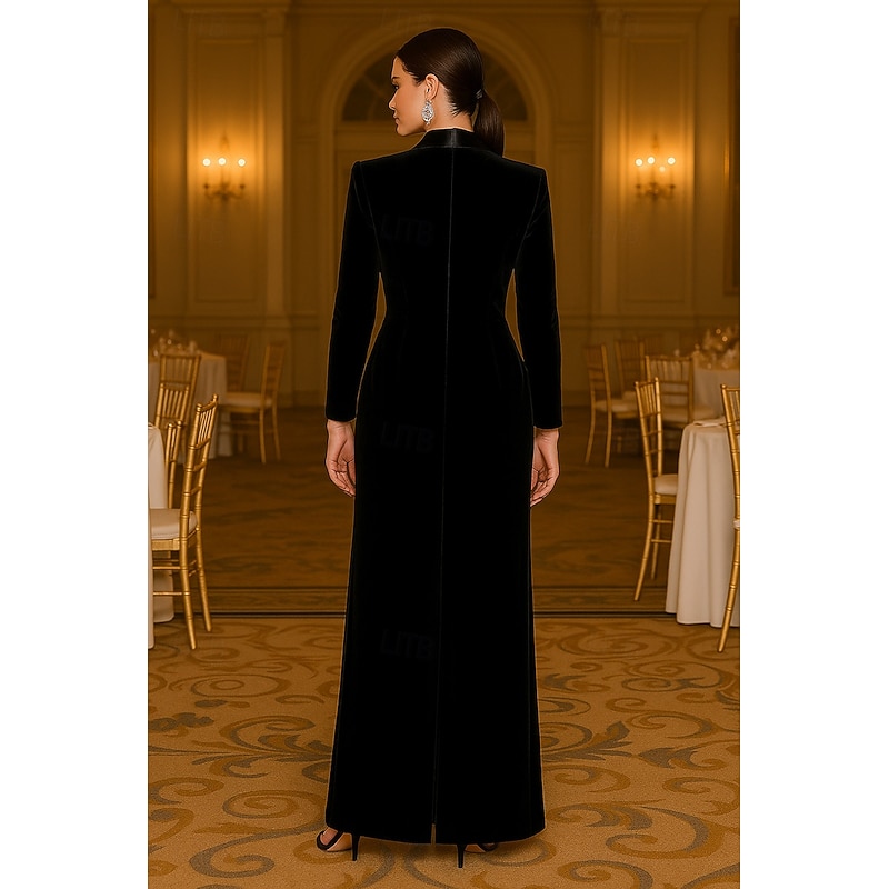 Tuxedo Dress Sheath Formal Wedding Guest Satin Velvet Elegant Long Sleeve Floor Length Peak Lapel Double Breasted3