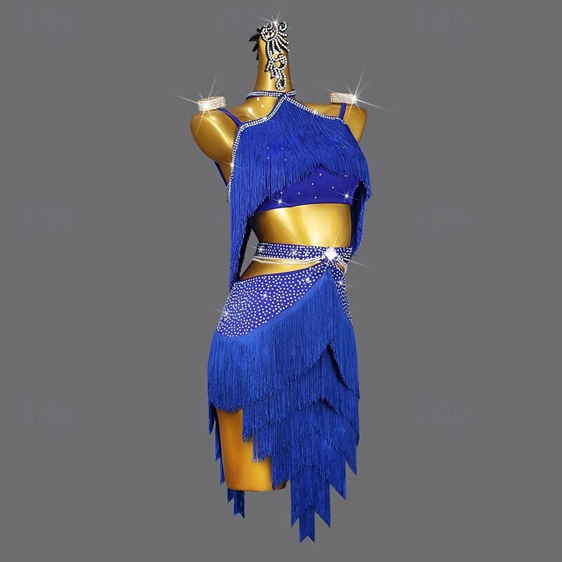 Latin Dance Dress Crystal / Rhinestone Tassel Pure Color Women's Performance Training Sleeveless Spandex3