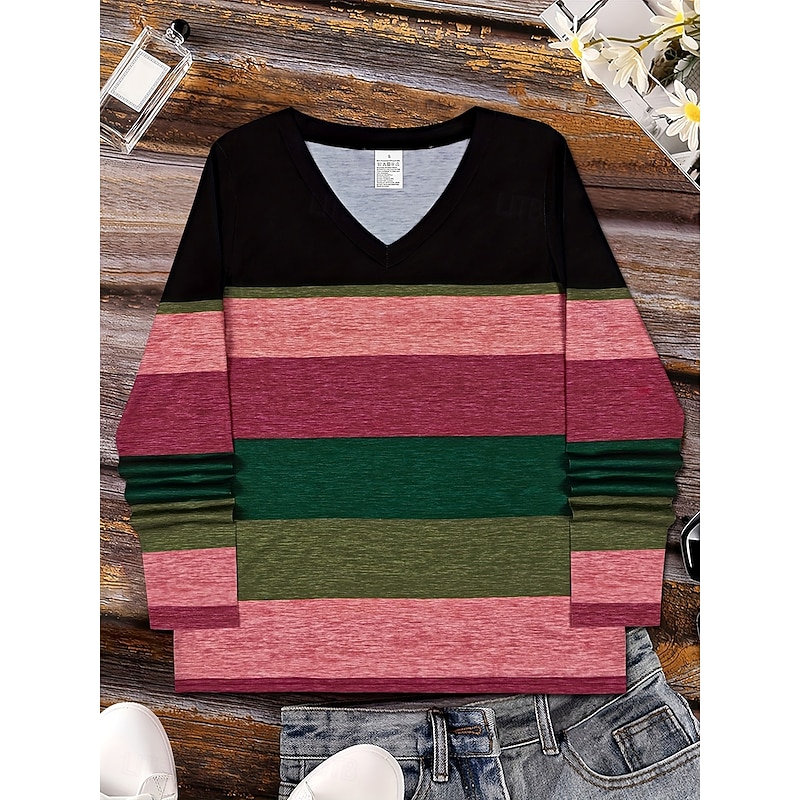 Women's T Shirt Ombre Graphic Striped Vintage Stylish Classic Long Sleeve V Neck Regular Tops Daily Print Dusty Rose Spring Fall Winter2