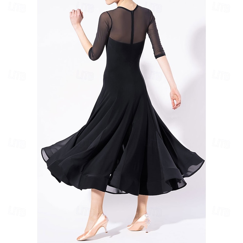 Women's Black Ballroom Dance Dress with Sheer , Flared Skirt, and Heart-Shaped Bodice - Ideal for Latin, Salsa, and Social Dance Performances2