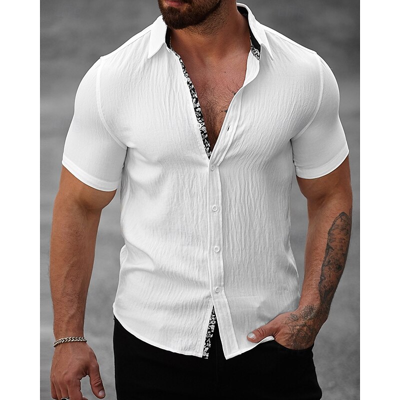 Men's Shirt Summer Shirt Casual Shirt Beach Shirt Button Up Shirt Black White Light Green Blue khaki Short Sleeve Plain Lapel Vacation Hawaiian Splice Clothing Apparel Polyester Fashion Casual