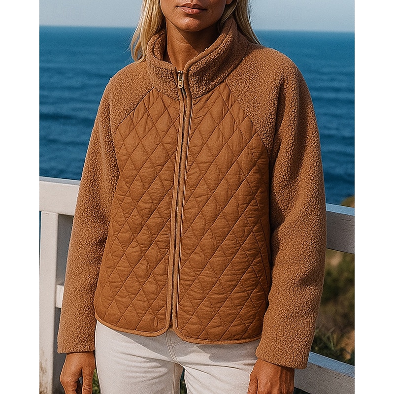 Women's Fleece Jacket Winter Coat Puffer Jacket Zip Up Long Sleeve Top Athleisure Solid Colored Windproof Warm Outdoor Travel Sports Sportswear Activewear Black White Pink3