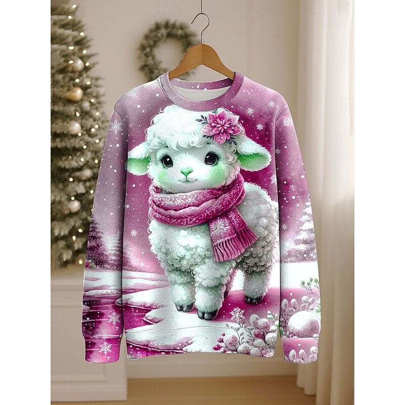 Women's Pullover Sweatshirt Graphic Animal Snowflake Casual Long Sleeve Crew Neck Regular Tops Street Casual Holiday Print Pink Blue Green Khaki Spring Fall Winter3