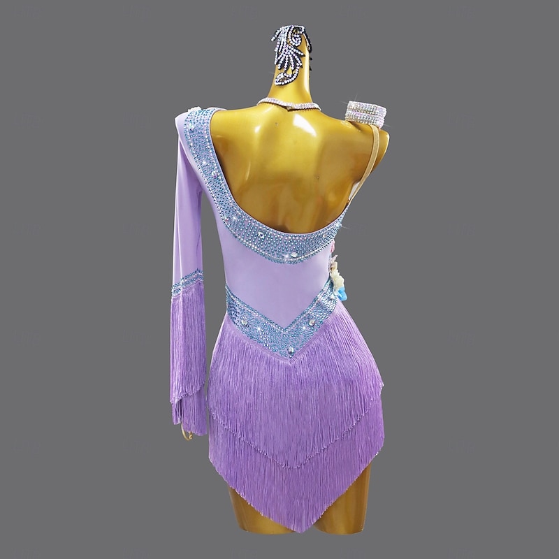 Latin Dance Dress Petal Crystal / Rhinestone Tassel Women's Performance Party Long Sleeve Spandex2