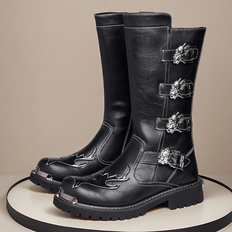 Men's Black Gothic Knee High Boots – Faux Leather Punk Rock Style with Buckle Straps for Halloween, Cosplay and Concerts