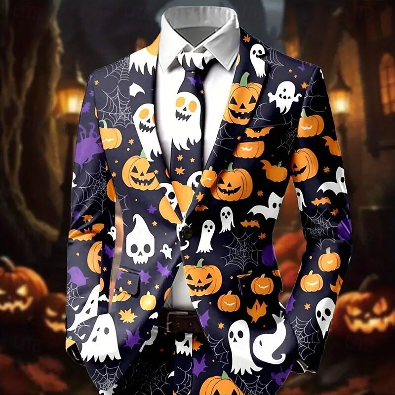 Men's Pumpkin Bat Blazer Jacket Coat Comfortable Breathable Artistic Casual Party Daily Festival 3D Print Buttons Multi Pocket Fall & Winter Notch Long Sleeve Black Orange2