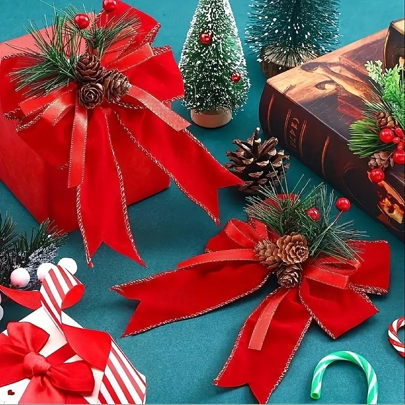 6/12Pcs Large Christmas Tree Bow Ornaments, DIY Velvet Ribbon with Trim, Xmas Tree Topper and Hanging Decorations for Holiday Home Décor2