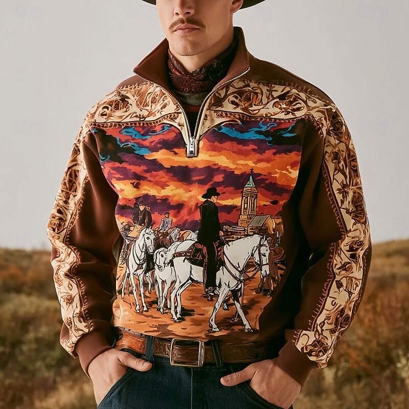 Men's Cowboy Sweatshirt Ethnic Vintage Retro Stand Collar Outdoor Work Gift Black Brown Zipper Fall Winter Designer