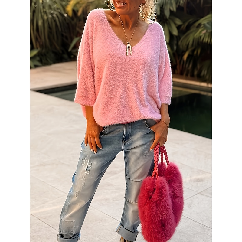 Women's Sweater Elegant Fashion Streetwear Pure Color V Neck Knitted Long Sleeve Regular Tops Knit Outdoor Daily Weekend Pink Spring Fall3
