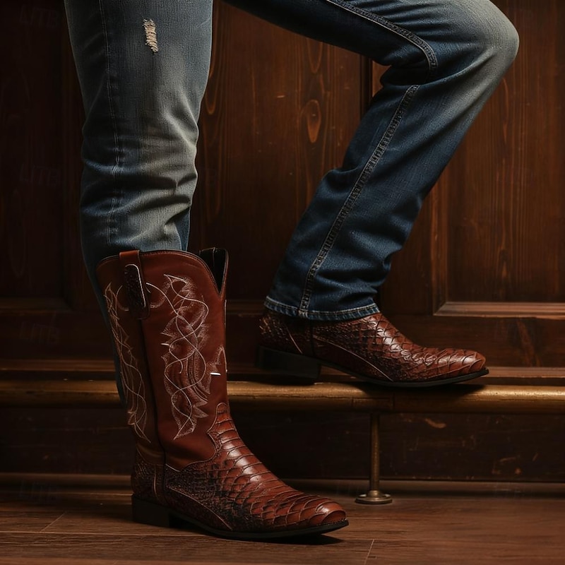Men's Brown Western Cowboy Boots with Snakeskin Pattern and Embroidered Shaft – Vintage Style Faux Leather Boots for Rodeo and Casual Wear2