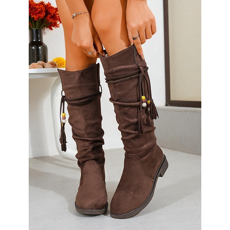 Women's Khaki Slouch Knee High Boots with Tassel Detailing – Casual Faux Suede Style Winter Boots for Everyday Wear and Festivals