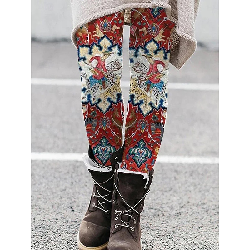 Women's Leggings Vacation Vintage Fashion Full Length High Waist Graphic Geometric Printing Thermal Warm Soft Breathable Stretchy Formal Outdoor Vacation Camel Red Navy Blue Royal Blue Spring Fall