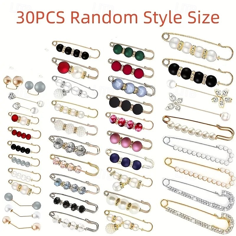 30PCS Mixed Size & Style Faux Pearl Brooch Set – Elegant Multi-Purpose Pins for Women, Perfect for Securing Clothes, Skirts, Waist Adjustments, Scarves, Daily Wear & Gifts2