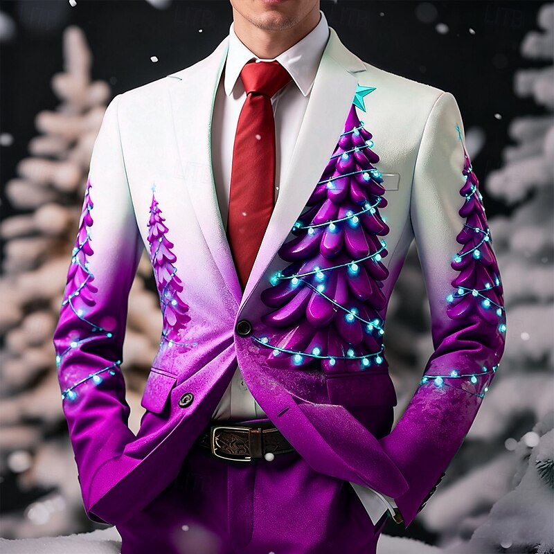 Men's Blazer Coat Christmas Casual Casual Daily Fall / Winter 100% Polyester Christmas Tree 3D Print Buttons Thermal Warm Comfortable Single Breasted Blazer Red Blue Purple Green4