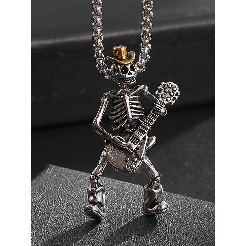 Men's Halloween Skull Guitar Pendant Necklace, Rock Punk Style Metal Chain Jewelry, Suitable for Parties, Concerts and Nightlife2