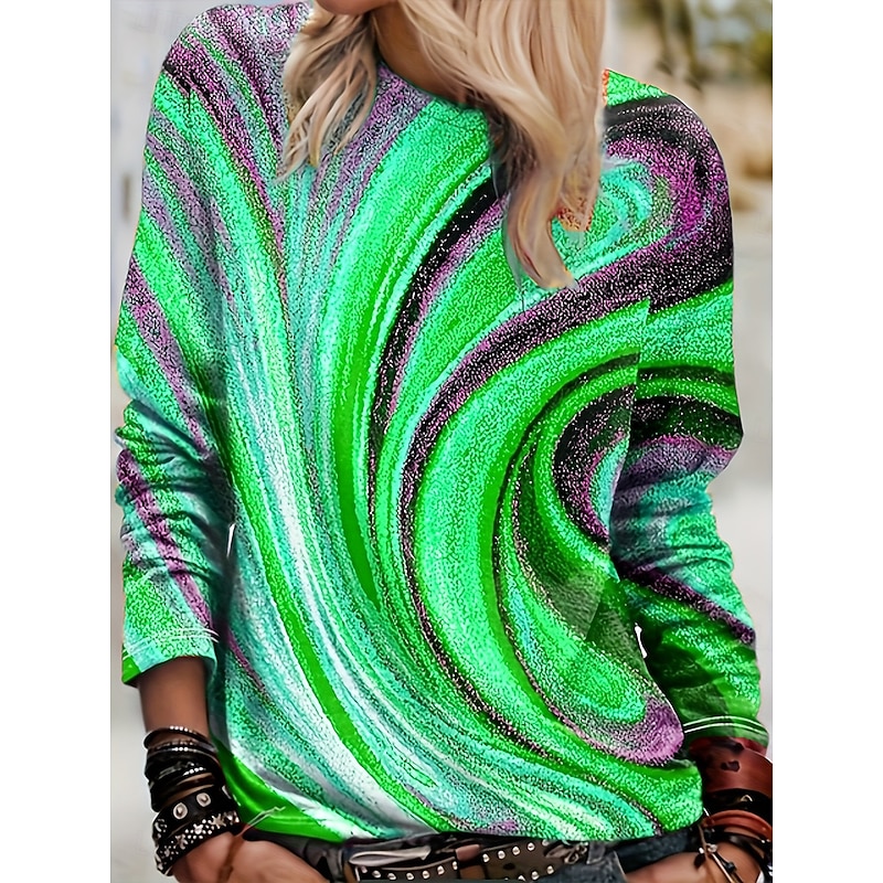 Women's T Shirt Graphic Geometric Vintage Stylish Casual Long Sleeve Crew Neck Regular Tops Daily Print Blue Purple Orange Green Gray Spring Fall Winter3