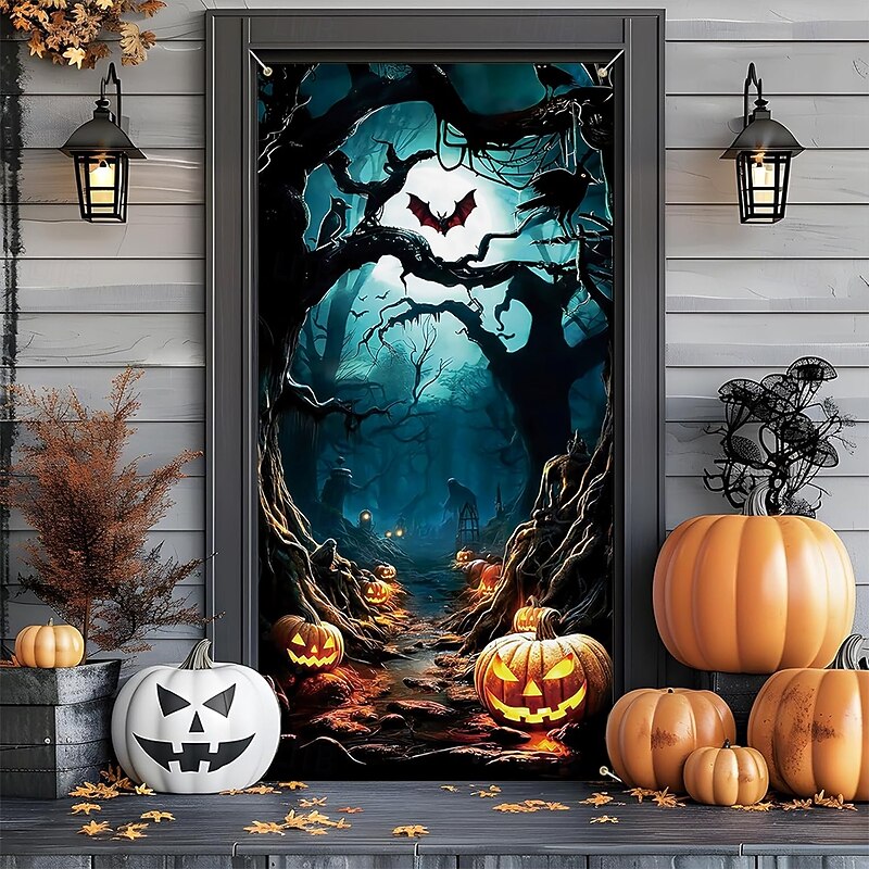 Halloween Tapestry Door Cover Outdoor Banners Pumpkin Cemetery 3D Dark Dark Punk Gothic Style Party Dorm Teens Room College Dorm Guys Man Cave Frat Bedroom Shooting Backgrounds Home Decor3