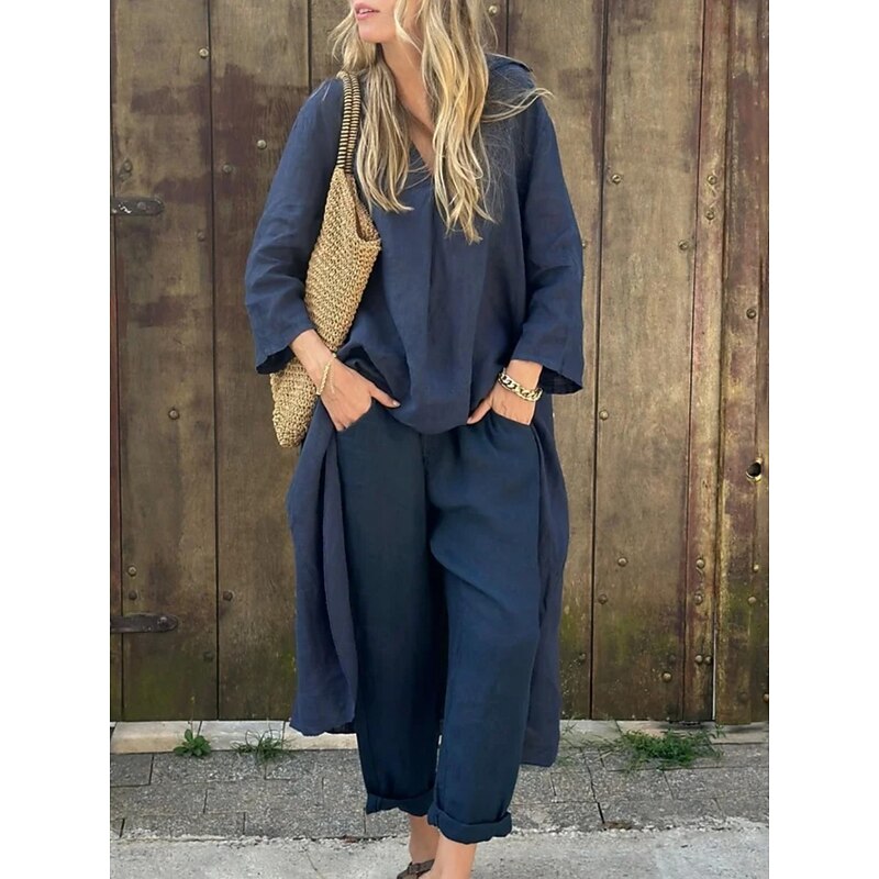 Women's Fashion Streetwear Pants Sets Bolero Top Long Sleeve V Neck Solid Color Outdoor Work Casual Blue Summer Regular Fit