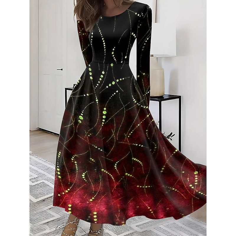 Women's Maxi Dress A Line Dress Fit And Flare Dress Vacation Casual Boho Party Daily Going out Regular Fit Ombre Graphic Geometric Long Sleeve Crew Neck Red Purple Green Gray Summer Spring Fall Winter