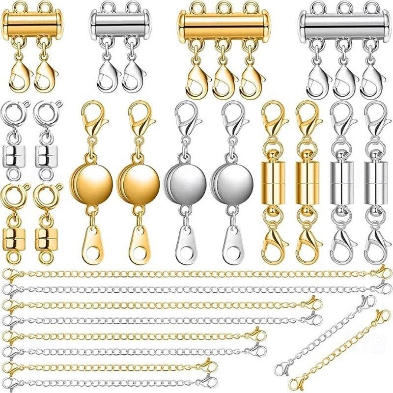 26 Pcs Necklace Extender and Magnetic Jewelry Clasp, Includ 5 Size & 5 Style Magnetic Clasps, Necklace Layering Clasps and Bracelet Extender Chain for Easier Wearing Jewelry Repair