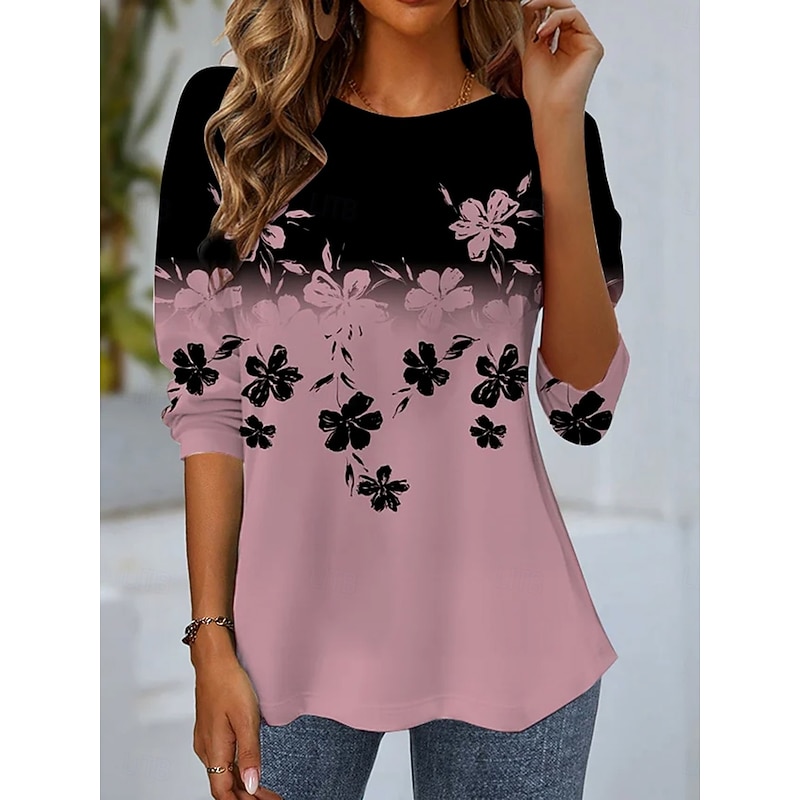 Women's T Shirt Ombre Floral Graphic Vintage Stylish Classic Long Sleeve Crew Neck Round Neck Regular Tops Daily Print Dusty Rose Spring Fall Winter