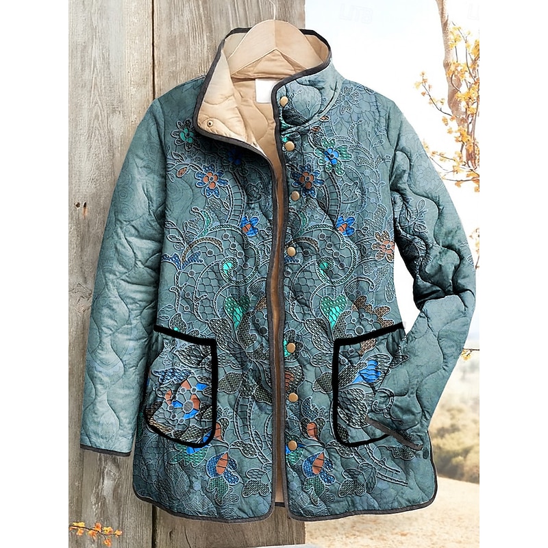 Women's Quilted Jacket Waterproof Windproof Embroidered Active Vintage Fashion Daily Floral Vacation Home Street Casual Regular Stand Collar Regular Fit Long Sleeve Outerwear Red Blue Purple Fall2
