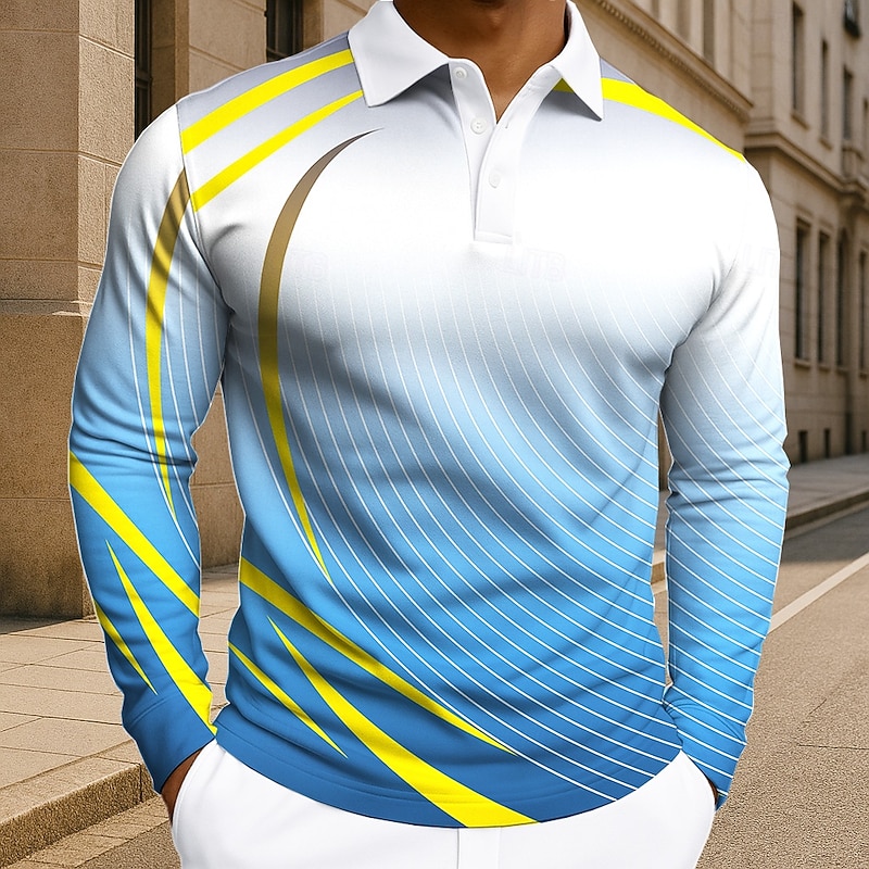 Men's Geometic Line Polo Long Sleeve Polo Shirts Lapel Casual Athleisure Daily Wear 3D Print Buttons Spring Fall Winter Blue Purple Green