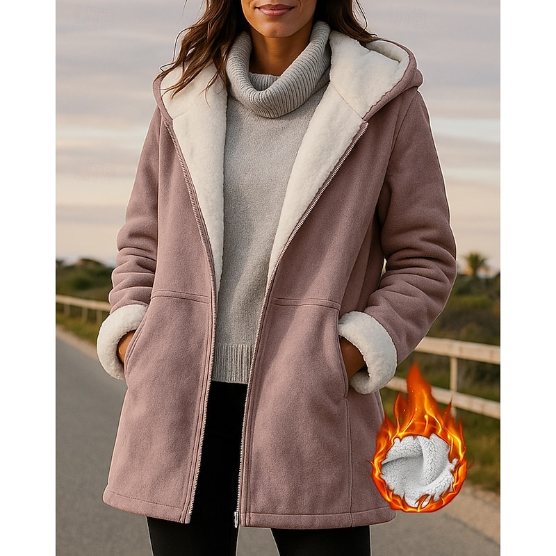 Women's Hoodie Jacket Fleece Coat Zip Up Jacket Thick with Pockets Long Sleeve Top Athleisure Solid Colored Windproof Warm Hiking Travel Vacation Sportswear Activewear Black White Pink
