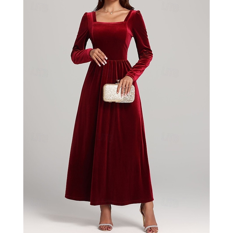 Women's Midi Dress Velvet Dress Cocktail Dress Elegant Fashion Modern Outdoor Party Party Evening Wear Regular Fit Plain Long Sleeve Square Neck Black Red Purple Green Spring Autumn2