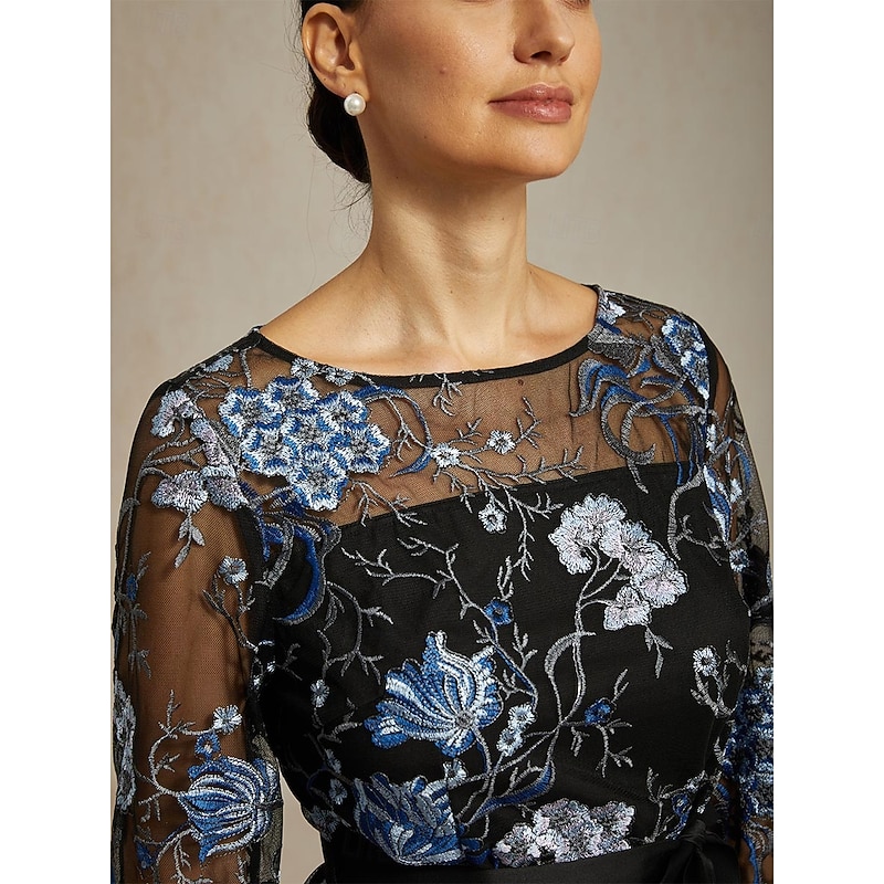Women's Dressy Tops Elegant 3/4 Length Sleeve Crew Neck Wedding Guest Evening Party Semi Formal Embroidered Illusion Lace Black Spring Fall Winter3