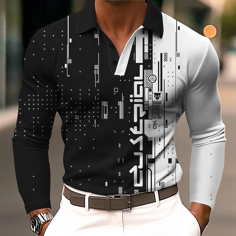 Men's Geometric Polo Long Sleeve Polo Shirts Lapel Business Casual Athleisure Daily Wear 3D Print Buttons Spring Fall Winter White Blue Purple