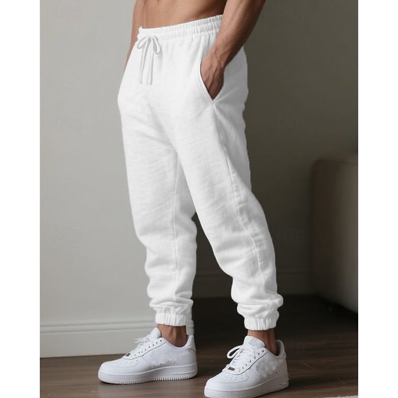 Men's Linen Pants Trousers Summer Pants Beach Pants Drawstring Pocket Elastic Waist Plain Comfort Breathable Vacation Daily Holiday Hawaiian Boho Black White2