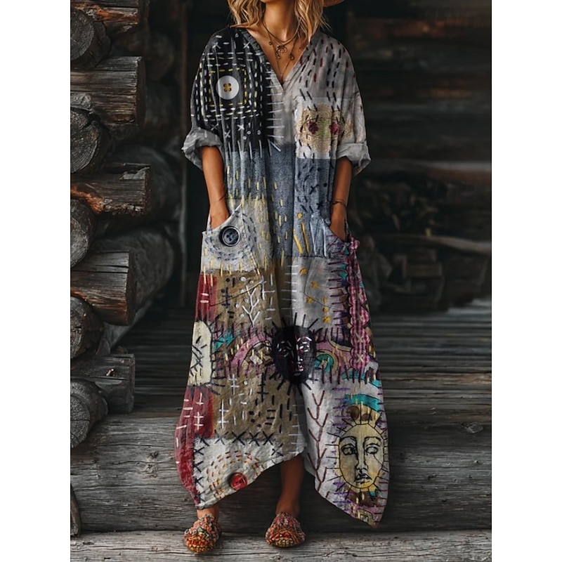 Women's Maxi Dress Sundress A Line Dress Vacation Casual Boho Birthday Daily Holiday Loose Fit Floral Long Sleeve V Neck Yellow Red Blue Purple Spring Fall