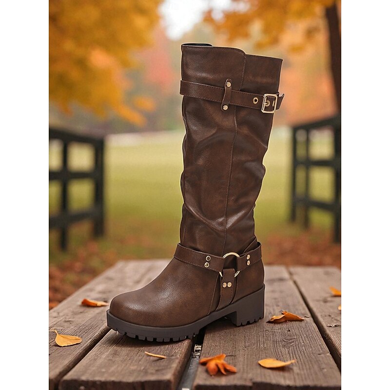 Women's Brown Knee High Buckle Strap Boots – Faux Leather Western Riding Boots with Low Block Heels for Fall Fashion and Outdoor Wear4