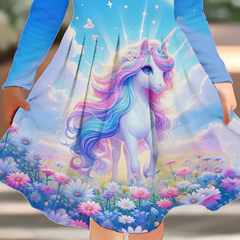 Girls' 3D Unicorn Dress Long Sleeve Summer Spring Vacation Daily Holiday Princess Beautiful Sweet Kids 4-12 Years Casual Dress A Line Dress Knee-length Regular Fit3