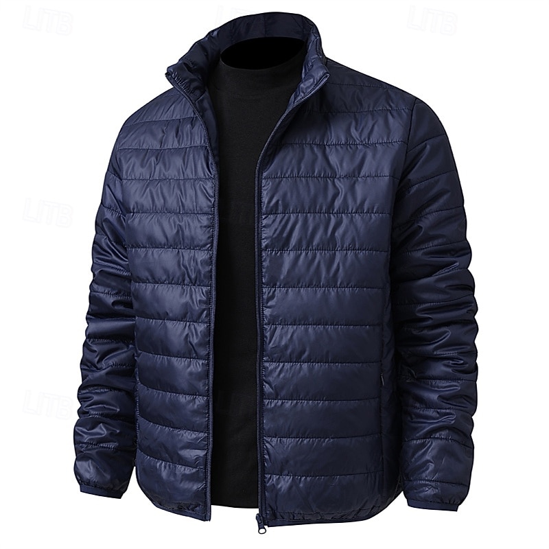 Men's Winter Coat Puffer Jacket Pocket Polyster Vacation Daily Wear Date Regular Fashion Casual Comfortable Thermal Warm Fall Winter Solid / Plain Color Black Light Grey Dark Blue Puffer Jacket