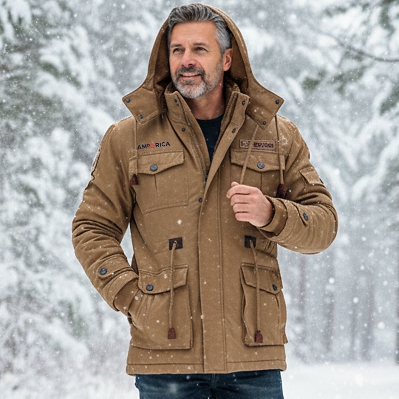 Men's American Flag Fleece Jacket Military Jacket Parka Thermal Warm Thicken Casual Outdoor Home Detachable Hood Multiple Pockets Coat Outerwear Fall Winter Hooded Long Sleeve khaki