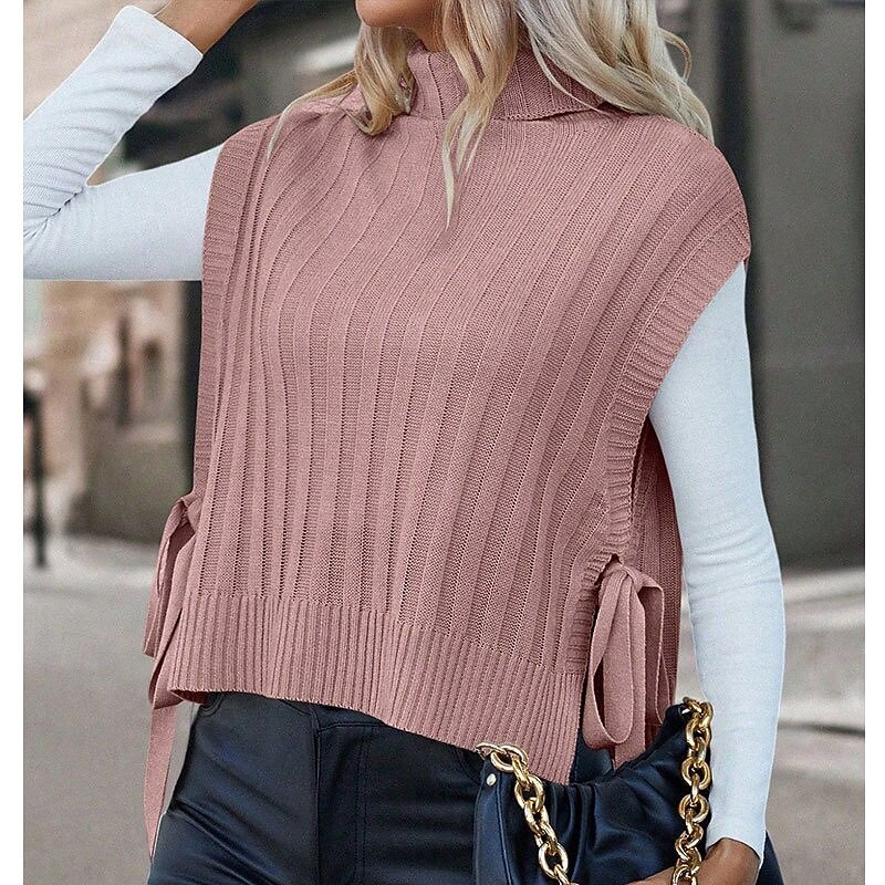 Women's Sweater Pullover Streetwear Casual Solid Color Turtleneck Knitted Sleeveless Regular Tops Knit Daily Holiday Going out Pink Apricot Fall Winter