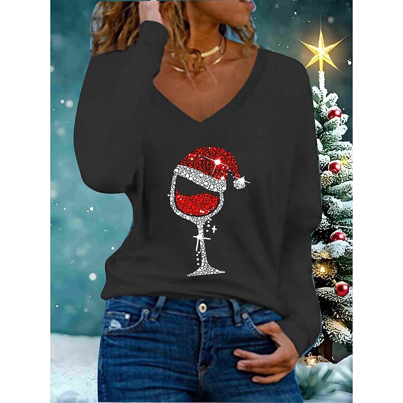 Christmas Women's T Shirt Blouse Ugly Christmas Basic Long Sleeve Flutter Sleeve V Neck Regular Tops Daily Sports Patchwork Print Black White Red Dark Green Green Spring Fall Winter3