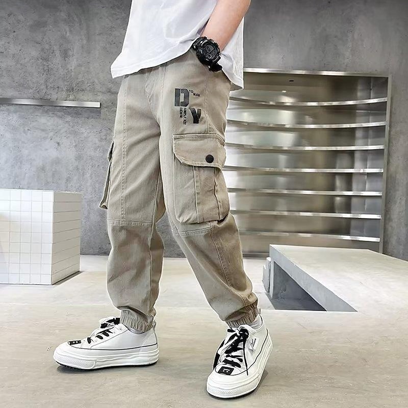 Kids Boys Pants Trousers Pocket Solid Color Letter Comfort Pants School Fashion Cool Black Khaki Mid Waist2