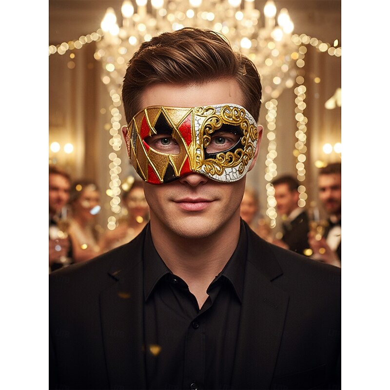 Women's Venetian Jester Mask with Gold Trim and Bells, Baroque Style Masquerade Costume Accessory for Halloween Party3